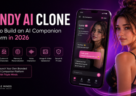 Candy AI clone development platform featuring AI chat, custom characters, memory, voice interaction, image and video generation, with Triple Minds branding.