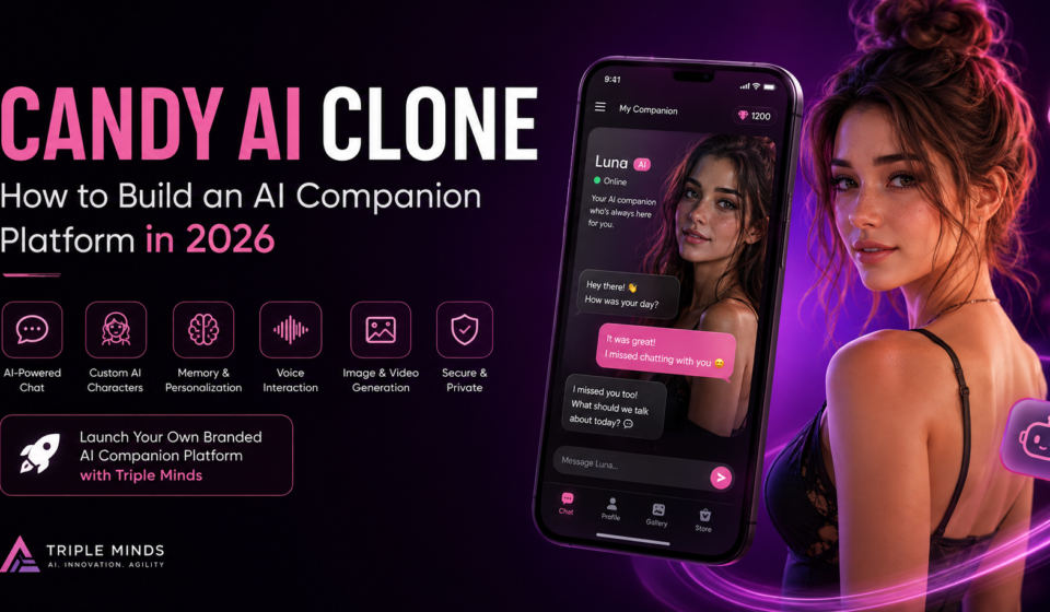 Candy AI clone development platform featuring AI chat, custom characters, memory, voice interaction, image and video generation, with Triple Minds branding.